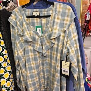 Tuckernuck Blue and Yellow Plaid Ruffle-Front Blouse